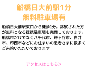 船橋日大前駅1分、無料駐車場100台以上完備、船橋日大前駅東口から徒歩1分。診察された方が無料となる提携駐車場も多数完備しております。船橋市だけでなく八千代市、鎌ヶ谷市、白井市、印西市などにお住まいの患者さまに数多くご来院いただいております。